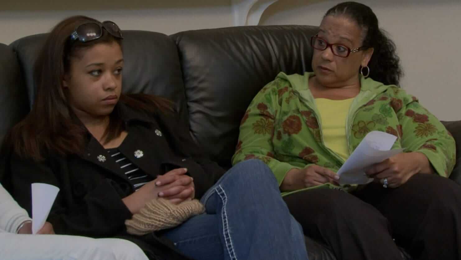 Two women on sofa looking not happy