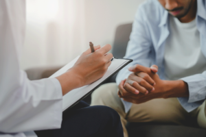 therapist taking notes on a clipboard while discussing the benefits of a meth detox program with a client.